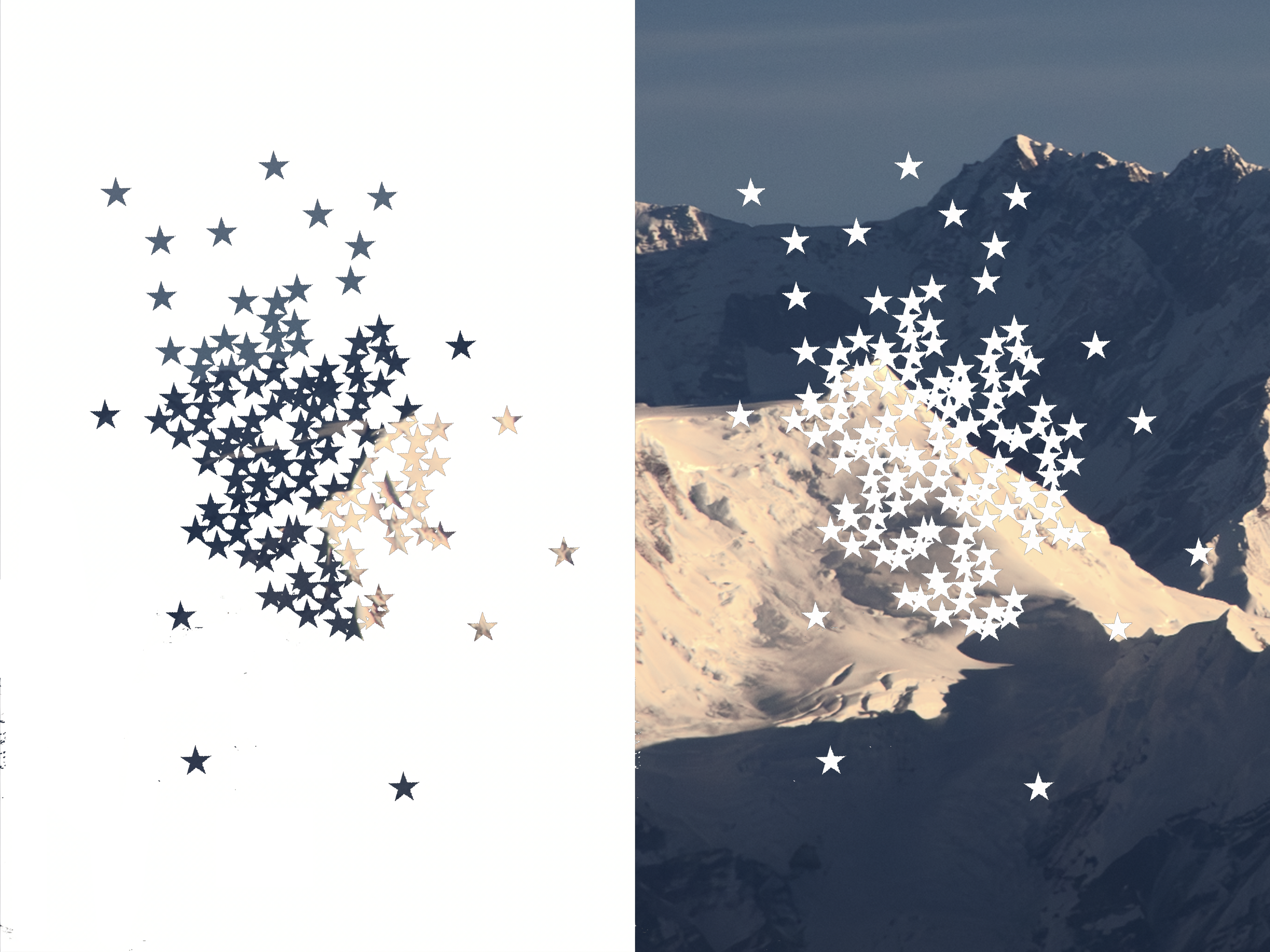 Mountain photographs transformed into contrasting fields of stars